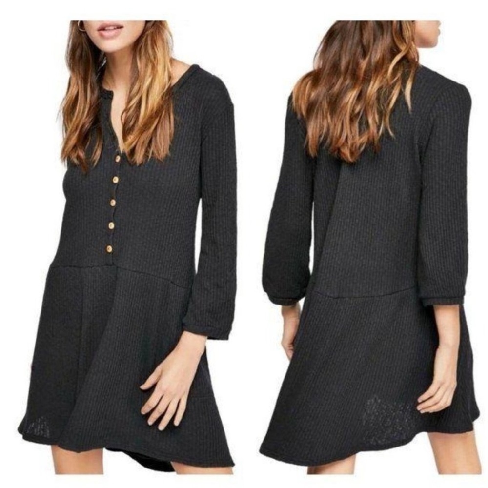 Free People Beach Blossom Ribbed Button Up Dress Black Size Small